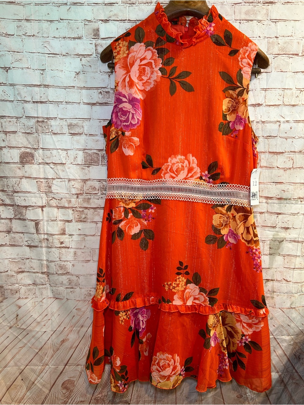 Donna Morgan Sleeveless Orange Floral Tiered Ruffle Lace Eyelet Dress Size 12 - Picture 3 of 8